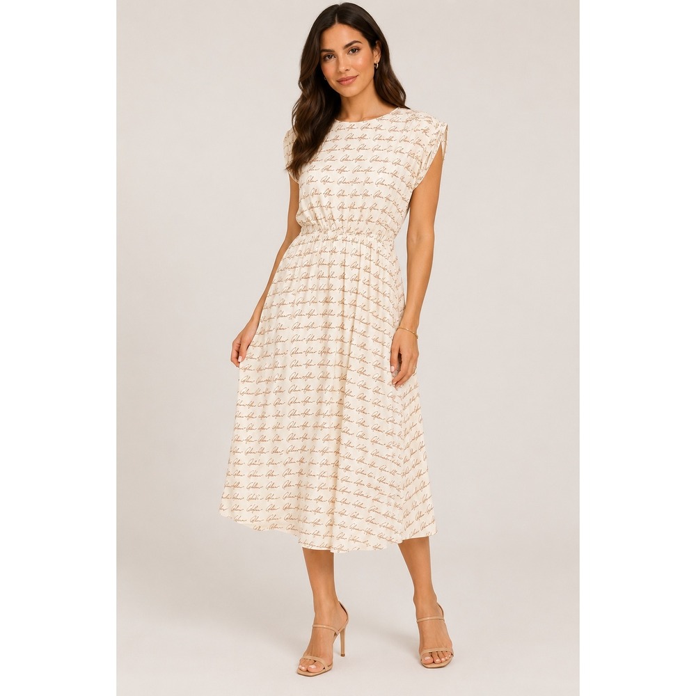 Calvin Klein Womens Tan Cream Script Logo Print Midi Dress Elastic Waist Size 10